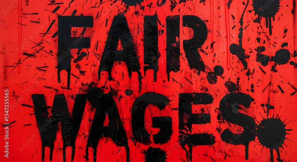 Fototapeta premium Red and black paint splattered across a sign reading Fair Wages.