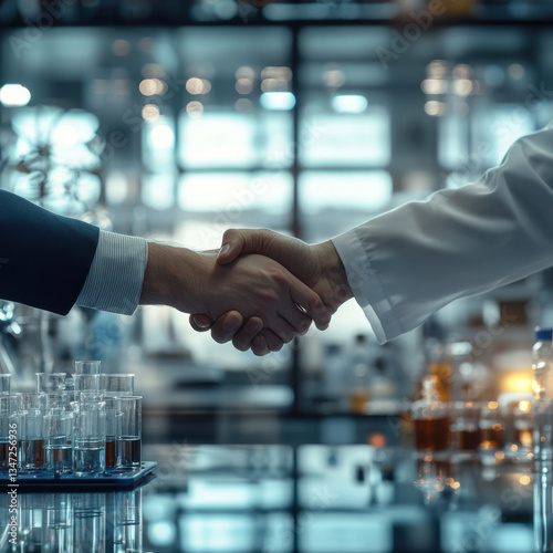 A handshake between two individuals, one in a lab coat and the other in formal attire, symbolizes collaboration and partnership in a laboratory setting with test tubes and blurred equipment
