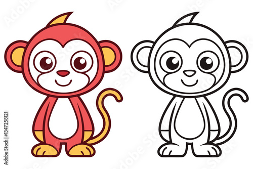 Adorable Cartoon Monkey Illustration Color and Outline Versions for Kids Coloring Book Pages