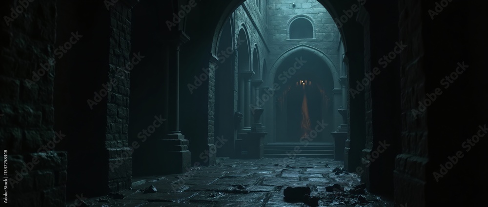 Fototapeta premium Dark dungeon of a medieval castle, gothic arches, dim torchlight, water drops on the walls, cinematic style