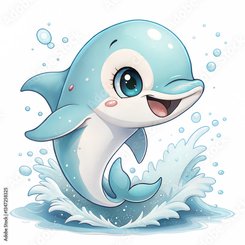Cute Cartoon Dolphin Jumping Out of Water  transparent background