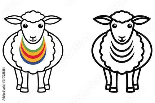 Adorable Cartoon Sheep Illustration Color and Outline Versions for Kids Coloring Pages and Activities