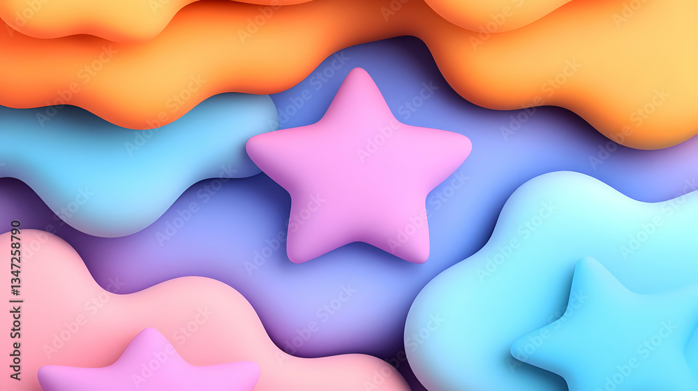 Obraz premium Pastel Color Abstract Background with 3D Stars and Cloud Shapes