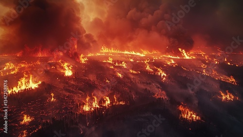 Aerial Drone View of a Massive Wildfire: Towering Flames and Thick Smoke Engulfing a Dense Forest