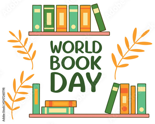 Celebrate World Book Day with this charming illustration featuring bookshelves filled with colorful books and the event name in a decorative style.
