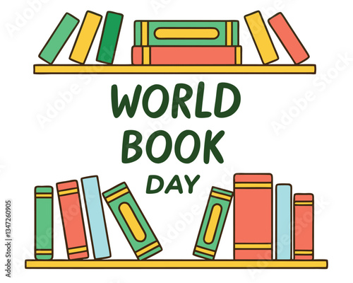 Celebrate World Book Day with this charming illustration featuring bookshelves filled with colorful books and the event name in a decorative style.