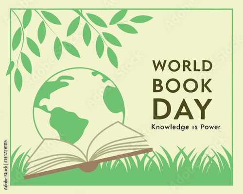 Celebrate World Book Day with this serene design featuring an open book against a globe, emphasizing knowledge as power.