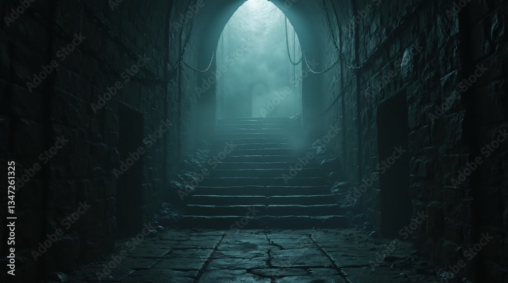 Obraz premium Deep dungeon with chains on the walls, old stone steps, fog, gothic elements, dark atmosphere, cinematic lighting