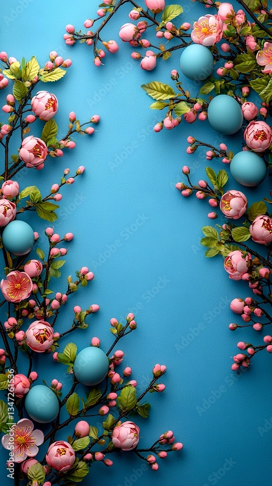 Pastel Easter eggs and blossoms frame a blue background, perfect for spring greeting cards or seasonal promotions Pastel Easter eggs and blossoms frame a blue background, perfect for spring greeting cards or seasonal promotions