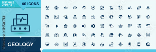 Geology icon collection. Contain linear symbols mining, ground, geography, geological and more. Vector icons collection. Earth line icon. Solid line editable stroke.