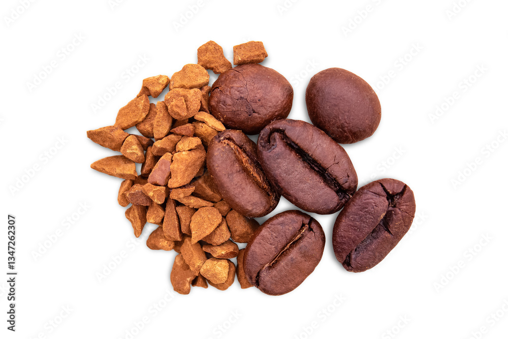 Close-up of instant freeze-dried coffee and whole coffee beans. Isolated on transparent background. Close-up of instant freeze-dried coffee and whole coffee beans. Isolated on transparent background.