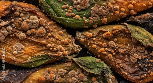 Decomposition of vegetable matter reveals mold growth and rot