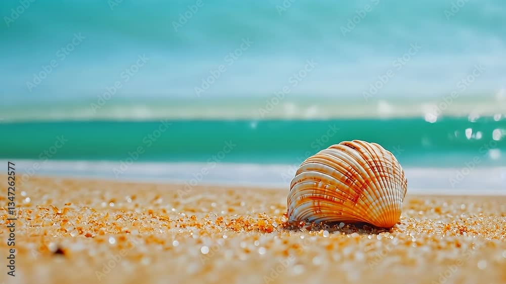 Shell rests on sandy beach by turquoise ocean during sunny day
