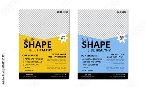 Creative and Modern flyer template design set for gym and fitness. Vector design with place for photo. Fitness body builder flyer poster. Gym flyer layout. Fitness Flyer with Yellow and Sky Accents.