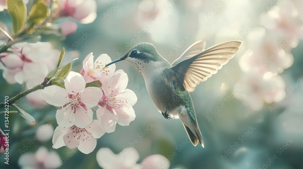 Fototapeta premium Hummingbird feeding on pink blossoms in spring sunlight.