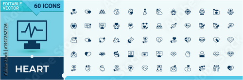Heart vector icon set. Related to love symbols, valentine, lover, love, care, cardio, beat and more. Minimal linear icons. Heart related icon set. Vector line and solid icons. Pixel perfect.