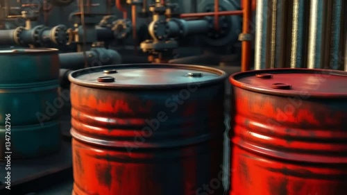 Two oil barrels are on the platform. One is green and the other is red. Smooth repeating motion for background video animation.
