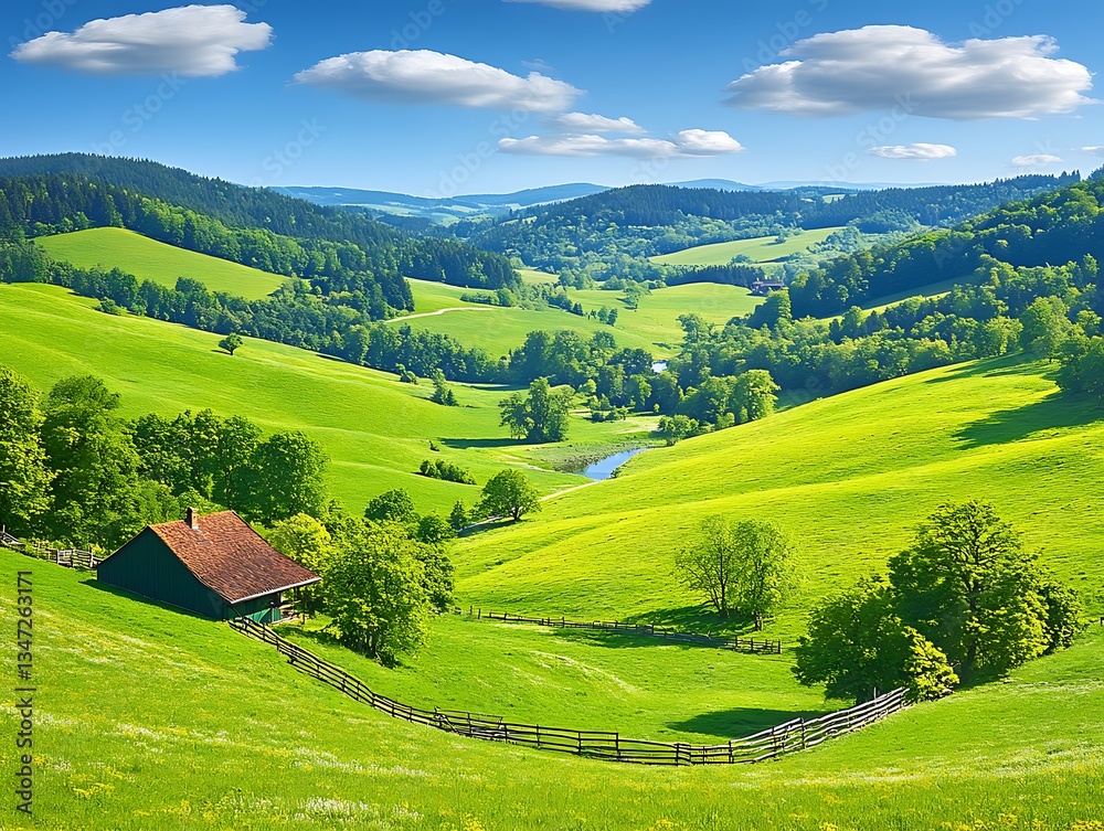 Green Valley Scene With Clear Sky And White Clouds Green Valley Scene With Clear Sky And White Clouds