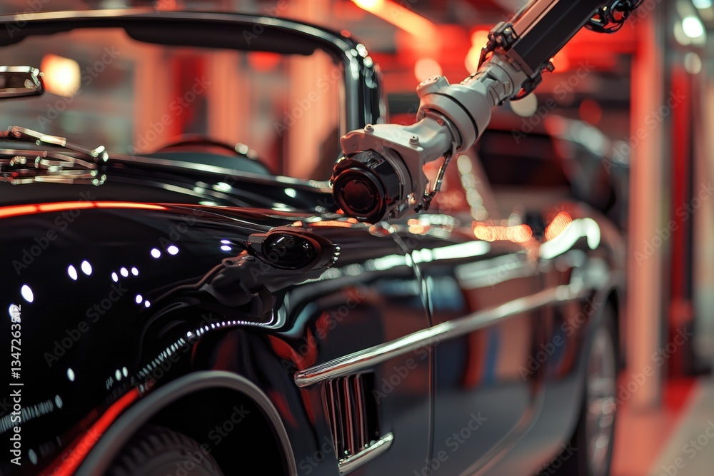 Obraz premium A robotic arm inspects a classic black convertible car in a dimly lit garage.