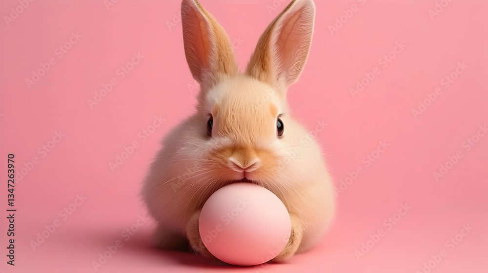Obraz premium Adorable Fluffy Bunny Holding a Pink Easter Egg Against a Pink Background