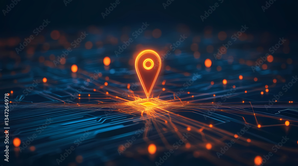 Orange Location Pin on Blue Circuit Board