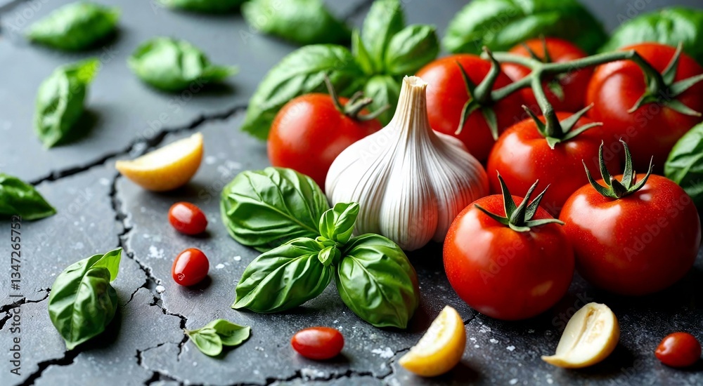 Intricate mosaic of garlic, fresh basil, and ripe tomatoes on textured stone for Mediterranean cooking Intricate mosaic of garlic, fresh basil, and ripe tomatoes on textured stone for Mediterranean cooking