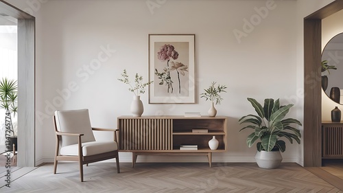 Bright and airy living room with white walls, plants, and natural light