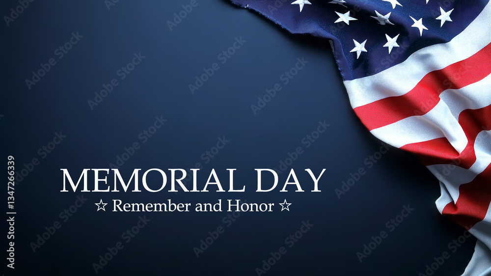 American US flag on dark blue background, text memorial day remember and honor, memorial day holiday celebration and background