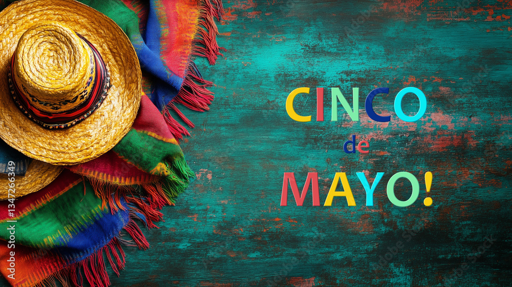 Colorful mexican hat and serape blanket, green texture background with colorful text Cinco de Mayo celebration