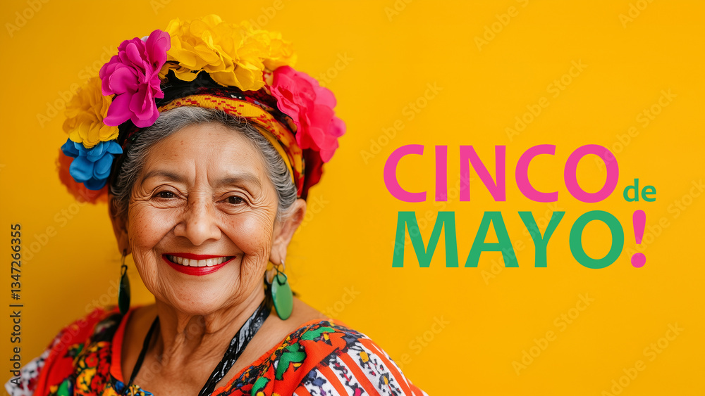Old mexican woman in colorful dress, abuela (grandmother) on vibrant yellow background with text Cinco de Mayo