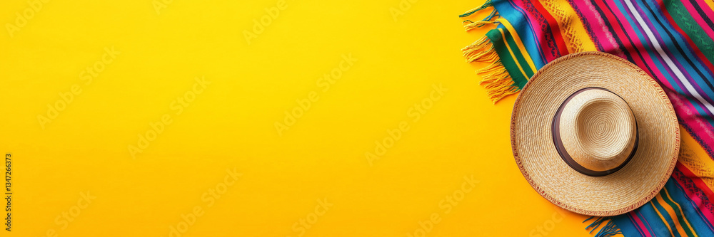 Colorful mexican hat and serape blanket, yellow vibrant panoramic background with copy space, Cinco de Mayo celebration web banner