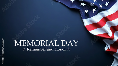 American US flag on dark blue background, text memorial day remember and honor, memorial day holiday celebration and background