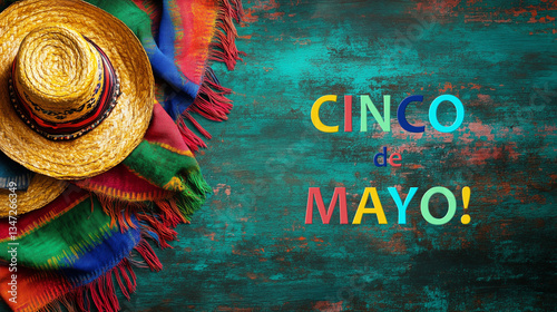 Obraz na płótnie Colorful mexican hat and serape blanket, green texture background with colorful text Cinco de Mayo celebration w salonie