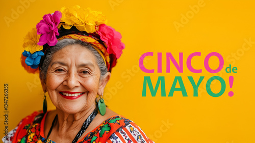 Obraz na płótnie Old mexican woman in colorful dress, abuela (grandmother) on vibrant yellow background with text Cinco de Mayo w salonie