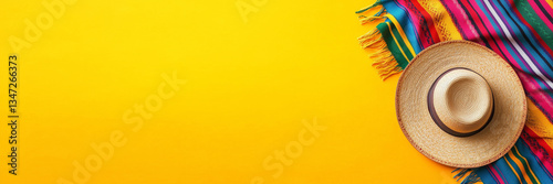 Obraz na płótnie Colorful mexican hat and serape blanket, yellow vibrant panoramic background with copy space, Cinco de Mayo celebration web banner w salonie