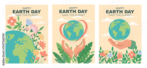 Earth day poster set with globe, hands, flowers, and the text Save the Planet. Set of Happy Earth Day banners. Illustration.