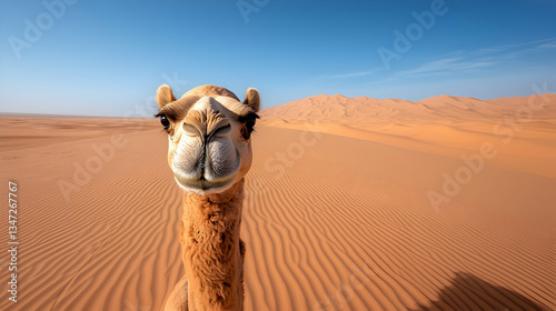 Close Up of a Curious Camel in a Sunny Desert Landscape