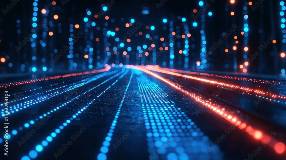 Digital data flows as lines of blue & red lights into the distance Digital data flows as lines of blue & red lights into the distance