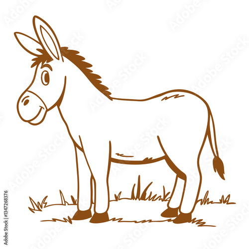 Cartoon Donkey with a Calm Mood Standing in Grass Against a White Background