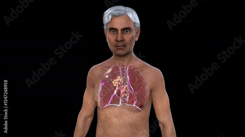 Primary lung tuberculosis in a man with the Ranke complex, 3D animation showing pulmonary lesion and mediastinal lymphadenitis with calcification.