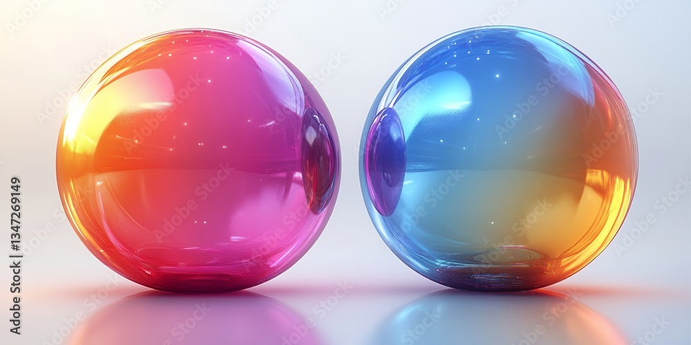 Obraz premium Abstract Colorful Glass Spheres Gradient Background Shiny Reflective Design Art Two Blue Pink Warm