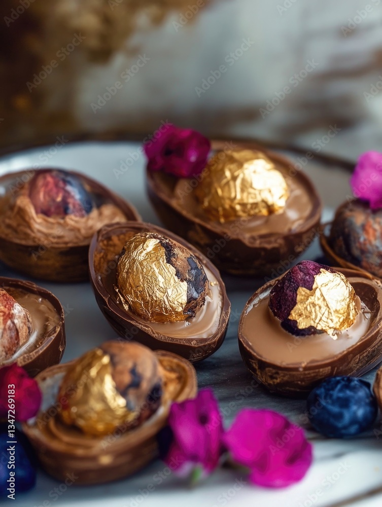 Fototapeta premium Decadent chocolate eggs with gold leaf and fruit toppings on marble plate