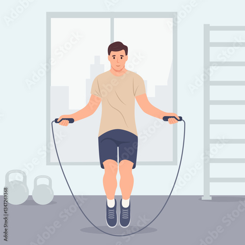 Man jumping with skipping rope. Athlete during cardio workout, endurance training. Flat vector illustration