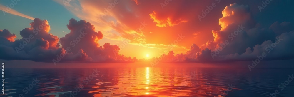 Fototapeta premium Fiery sunrise bursts over tranquil sea, painting clouds ablaze , sun, clouds, cloud