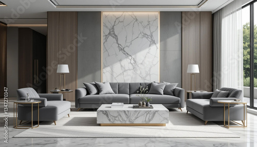 An elegant gray living room radiates calm modern sophistication bright natural light and marble accents abound