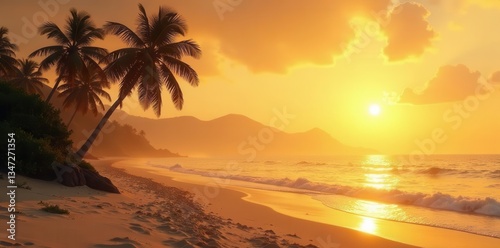Golden sand, palm silhouettes, distant island hazy in heat,  sunset,  tropical beach