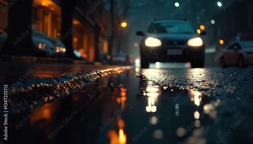 City street at night with rain-soaked pavement and car headlights illuminating the scene