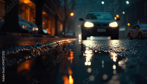 City street at night with rain-soaked pavement and car headlights illuminating the scene