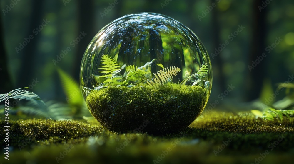 Hyper-realistic macro shot of a crystal sphere with a miniature world of moss and ferns on the forest floor against a dark background Hyper-realistic macro shot of a crystal sphere with a miniature world of moss and ferns on the forest floor against a dark background