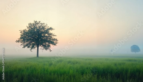 Lonely tree in a foggy field at sunrise with soft pastel colors in the background